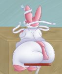  anthro anthrofied belly big_belly big_butt biped butt digital_media_(artwork) dullpoint eeveelution female food fur huge_thighs nintendo obese overweight overweight_female pink_fur pok&eacute;mon pok&eacute;mon_(species) solo sylveon tanya_(dullpoint) thick_thighs video_games weight_gain white_fur 