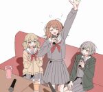  3girls :d ^_^ arm_up azusawa_kohane blonde_hair blush brown_cardigan brown_eyes brown_hair cardigan closed_eyes couch cup dot_nose facing_viewer flower green_eyes green_jacket grey_hair grey_serafuku grey_shirt grey_skirt hair_behind_ear hair_flower hair_ornament hanasato_minori hand_on_lap hand_up hands_up highres hinomori_shiho holding holding_microphone hood hooded_jacket jacket karaoke lilyburglar long_sleeves looking_at_another microphone miyamasuzaka_girls'_academy_school_uniform multiple_girls neckerchief on_couch open_clothes open_jacket open_mouth pleated_skirt project_sekai red_neckerchief sailor_collar school_uniform serafuku shadow shirt short_hair sidelocks simple_background sitting skirt smile standing twintails white_background 