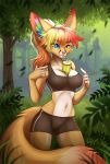  2019 5_fingers anthro blue_eyes breasts canid canine clothed clothing detailed_background digital_media_(artwork) female fennec fox hands-free_bubble_tea heterochromia hi_res hybrid ketty mammal meme midriff mink mustelid musteline navel outside portrait rose_dandy-ba smile solo standing three-quarter_portrait yellow_eyes 