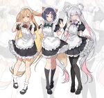  3girls absurdres alternate_costume animal_ear_fluff animal_ears apron aqua_ribbon black_dress black_pantyhose black_shoes black_socks blonde_hair blush breasts brown_hair cho_kaguya-hime! closed_mouth collared_dress colored_inner_hair commentary contrast_collar dress enmaided forehead_jewel fox_ears fox_girl fox_tail frilled_apron frilled_dress frills full_body gem green_eyes grey_hair hair_rings hand_up hands_up highres holding holding_notepad kaguya_(cho_kaguya-hime!) kneehighs long_hair looking_at_viewer lop_rabbit_ears maid maid_apron maid_headdress mary_janes multicolored_hair multiple_girls nami_(wa98449) neck_ribbon notepad orange_hair pantyhose parted_bangs pink_hair puffy_short_sleeves puffy_sleeves purple_hair purple_ribbon rabbit_ears red_gem red_ribbon ribbon runami_yachiyo sakayori_iroha shoes short_sleeves sidelocks smile socks standing tail untranslatable_commentary very_long_hair white_apron white_socks white_wrist_cuffs wrist_cuffs zoom_layer 