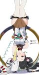  1girl 4kebidayo braid braided_twintails commentary_request covering_crotch covering_privates detached_sleeves dialyn_(zenless_zone_zero) double_bun dress dress_tug hair_bun handstand highres multicolored_hair necktie one_arm_handstand shorts shorts_under_skirt smile split-color_hair thighhighs thighs upside-down white_background white_thighhighs yellow_eyes yellow_necktie zenless_zone_zero 