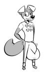  2019 anthro balls big_balls biped black_and_white black_nose bottomwear brown_fur brown_tail bulge canid canine canis clothed clothing digital_media_(artwork) domestic_dog floppy_ears fur hi_res kom komdog male mammal monochrome pants shirt solo t-shirt tan_ears tight_bottomwear tight_clothing tight_pants topwear 