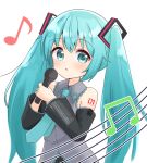  1girl aqua_eyes aqua_hair aqua_nails black_sleeves blush commentary_request detached_sleeves grey_shirt hatsune_miku highres holding holding_microphone looking_at_viewer microphone musical_note number_tattoo parted_lips shirt sleeveless sleeveless_shirt solo tattoo toriki_fukuro twintails upper_body vocaloid 