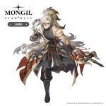  1boy absurdres arm_guards black_boots black_pants black_shirt boots bowl coat copyright_name copyright_notice crossed_legs earrings full_body grey_hair highres holding holding_bowl jewelry leaf_in_mouth leeho_(mongil:_star_dive) logo long_hair looking_at_viewer male_focus mongil:_star_dive official_art pants polearm ponytail red_coat scar scar_across_eyebrow scar_on_cheek scar_on_face scar_on_shoulder shirt single_off_shoulder sitting sleeveless sleeveless_shirt solo toned toned_male tooth_earrings transparent_background vase very_long_hair weapon yellow_eyes 