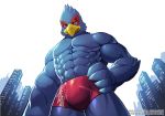  anthro avian bulge city clothing falco_lombardi hi_res looming low-angle_view macro male nintendo solo speedo star_fox swimwear video_games wolfmalro 