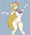  1girl aino_minako bishoujo_senshi_sailor_moon blonde_hair blue_eyes bow choker circlet closed_mouth commentary doll_joints elbow_gloves gloves hair_bow highleg highleg_leotard highres joints leotard long_hair nikujuu_uc open_mouth orange_choker orange_sailor_collar puppet puppet_strings red_bow sailor_collar sailor_senshi_uniform sailor_venus solo very_long_hair white_gloves white_leotard 