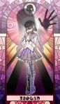  1girl akemi_homura akemi_homura_(magical_girl) argyle_clothes argyle_pantyhose black_collar black_hair black_pantyhose black_skirt braid collar collared_capelet faceless gapchun0_0 glasses hairband high_heels highres long_hair magical_girl mahou_shoujo_madoka_magica own_hands_together pantyhose purple_eyes red-framed_eyewear shadow skirt smile solo stained_glass twin_braids 