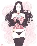  1girl absurdres artist_logo artist_name ass_visible_through_thighs bare_shoulders black_gloves black_hair black_panties black_thighhighs brown_eyes commentary corset cowboy_shot elbow_gloves english_commentary eyeliner floral_background flower gloves hair_spread_out highres holding holding_flower holding_sword holding_weapon lipstick logo long_hair looking_at_viewer lying makeup mole mole_under_eye on_back original panties parted_lips r3dfive red_corset red_eyeliner red_flower red_lips red_rose rose rose_background simple_background solo straight-on sword thighhighs underwear weapon white_background youra_(r3dfive) 