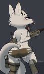  2019 absurd_res anthro arctic_fox blue_eyes blush butt canid canine clothed clothing disney elbow_tufts female fox gloves grey_background gun half-closed_eyes handgun handwear head_tuft headgear headphones headset hi_res holding_object holding_weapon holster looking_back mammal neck_tuft panties pawpads pistol ranged_weapon rear_view rifle signature simple_background skye_(zootopia) sniper_rifle solo toeless_shoes topless tuft underwear weapon yitexity zootopia 