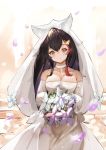  1girl black_hair blush bouquet breasts bridal_veil cleavage closed_mouth collarbone dress elbow_gloves eyebrows_visible_through_hair flower gloves holding holding_bouquet large_breasts long_hair looking_at_viewer majocc_(dusty051) off-shoulder_dress off_shoulder original red_hair smile solo veil very_long_hair wedding_dress white_dress white_gloves 