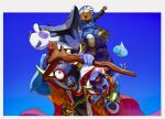  4boys =_= antennae arm_up black_horns blue_hat blue_skin blue_sky blue_tunic boots brooch brown_boots cape carrying carrying_person carrying_under_arm clenched_hand colored_skin commentary_request creature dragon_lord dragon_quest dragon_quest_i dragon_quest_iii dragon_quest_monsters:_terry's_wonderland fake_horns fangs fluffy_(dragon_quest) gem gold_necklace grin hat hdw91v helmet highres holding holding_another's_horns holding_staff horned_helmet horns jewelry large_hands male_focus midair multiple_boys necklace open_mouth outstretched_arm piggyback pointy_ears purple_skin raised_fist red_cape red_gem robe sharp_teeth skull_necklace sky slime_(creature) slime_(dragon_quest) smile staff teeth terry_(dq6) third_eye tunic white_fur white_hair widow's_peak wooden_staff zoma zoma's_devil 