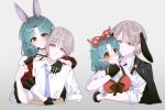  2girls @_@ animal_ears behind_another black_gloves blue_necktie blush bow breasts brown_hair closed_mouth collared_shirt cropped_torso female_producer_(idolmaster) fingerless_gloves gloves green_hair grey_background grin hair_bow hand_on_another's_chin highres idolmaster idolmaster_million_live! idolmaster_million_live!_theater_days kiraku_(s2_ou0uo_s2) looking_at_viewer lop_rabbit_ears multiple_girls multiple_views necktie official_alternate_costume orange_eyes original parted_lips polka_dot polka_dot_bow producer_(idolmaster) rabbit_ears red_bow shirt short_hair simple_background smile tokugawa_matsuri white_shirt yellow_eyes yuri 
