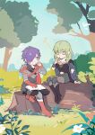  1boy 1girl :d book book_on_lap breasts female_byleth_(awakened)_(fire_emblem) female_byleth_(fire_emblem) fire_emblem fire_emblem:_three_houses fire_emblem_warriors:_three_hopes green_eyes green_hair hair_over_one_eye male_shez_(fire_emblem) medium_breasts medium_hair musical_note official_alternate_hair_color on_log open_book outdoors purple_eyes purple_hair short_hair sitting sitting_on_log smile table34 tree tree_stump 