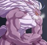  abs anthro balls barely_visible_balls barely_visible_genitalia biceps black_nose blue_eyes blush bodily_fluids breath broken_(artist) fur hi_res looking_down male muscular muscular_male nude open_mouth pecs pink_tongue purple_fur simple_background solo species_request sweat tongue 