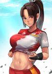  1girl absurdres breasts bridal_gauntlets brown_eyes brown_hair clothes_lift fatal_fury high_ponytail highres huge_breasts momo_juice navel official_alternate_costume ponytail shiranui_mai shirt_lift solo stomach street_fighter street_fighter_6 sweat upper_body very_sweaty 