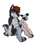  2015 4_fingers anthro black_claws black_fur black_tail blue_eyes canid canine canis character_name chibi claws digital_media_(artwork) front_view fur hair looking_at_viewer male mammal multicolored_fur multicolored_tail nude red_hair rhia short_hair simple_background sitting smile smirk solo storm_(stormwx_wolf) toe_claws toes two_tone_fur two_tone_tail white_background white_fur white_tail wolf 