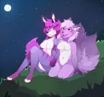  2018 2_tails anthro blush canid canine canis digital_media_(artwork) duo feet female fox fur grass gynomorph hair hand_holding hi_res hill intersex kneeling long_hair mammal mistress mistress_sherrie moon multi_tail naomi night nude open_mouth outside pose prick_ears simple_background sitting sky smile star stargazing teeth tongue vesperinox wolf 