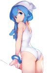  1girl arm_support ass ataruman blue_eyes blue_hair bracelet closed_mouth expressionless eyebrows_visible_through_hair from_side hat highres ikamusume jewelry long_hair looking_at_viewer one-piece_swimsuit shinryaku!_ikamusume simple_background solo swimsuit white_background white_headwear white_swimsuit 