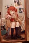  2girls bed bedroom bilingual_commentary black_shoes black_socks bocchi_the_rock! bow bowtie brown_sweater cellphone chibi commentary dai_(maku57979607) female_pov full-length_mirror full_body gotoh_hitori green_eyes grey_skirt guitar highres holding holding_mini_person holding_phone ijichi_nijika indoors instrument kita_ikuyo kneehighs knees_up long_sleeves looking_at_viewer mini_person minigirl mirror mirror_selfie mixed-language_commentary multiple_girls one_eye_closed phone photo_(object) pleated_skirt poster_(object) pov procreate_(medium) red_bow red_bowtie red_hair reflection reflection_focus school_uniform selfie shoes sitting skirt smartphone socks solo_focus sweater wooden_floor yamada_ryo 