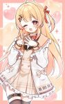  1girl ahoge blonde_hair blush brown_dress commentary dress eighth_note hair_ornament hair_ribbon highres hololive hololive_dev_is ichigousagi jacket long_hair looking_at_viewer multicolored_hair musical_note musical_note_hair_ornament one_eye_closed one_side_up open_mouth otonose_kanade piano_keys piano_print plaid_clothes plaid_dress red_eyes red_ribbon ribbon shirt smile solo thighhighs virtual_youtuber 