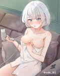  1girl absurdres bare_arms bare_shoulders blue_eyes blush bob_cut breasts cleavage collarbone commentary hair_between_eyes hair_dryer highres holding holding_hair_dryer large_breasts long_hair looking_at_viewer miruku_061 naked_towel open_mouth siesta_(tantei_wa_mou_shindeiru) sitting tantei_wa_mou_shindeiru towel white_hair 