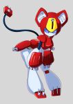  1girl absurdres animal_ears blue_eyes cable cable_tail cat_ears commentary daniel_uribe electric_plug electric_plug_tail full_body highres joints leaning_forward mechanical_tail medarot no_mouth no_nose oversized_forearms oversized_limbs peppercat robot_girl robot_joints simple_background solo tail 