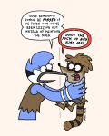  2026 anthro avian beak bird black_beak black_bottomwear black_clothing black_shorts blue_body blue_clothing blue_feathers blue_jay blue_shirt blue_topwear bottomwear brown_body brown_fur cartoon_network clothing corvid crossgender digital_drawing_(artwork) digital_media_(artwork) duo english_description english_text eye_contact facial_markings feathers female female/female fur head_markings hi_res holding_partner humanoid_hands jay_(bird) katiknitt looking_at_another mammal markings mask_(marking) mordecai_(regular_show) mtf_crossgender new_world_jay open_beak open_mouth oscine passerine procyonid profanity raccoon regular_show rigby_(regular_show) ring_(marking) ringed_tail shirt shorts simple_background speech_bubble striped_markings striped_tail stripes tail tail_markings talking_to_another talking_to_partner tan_background text topwear white_body white_feathers 