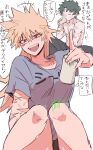 +++ 1boy 1girl :d absurdres arrow_(symbol) bakugou_katsuki bibiri_(r42r98r) black_pants blonde_hair boku_no_hero_academia breasts can closed_eyes commentary_request drinking genderswap genderswap_(mtf) green_hair hair_between_eyes highres holding holding_can knees large_breasts long_hair midoriya_izuku open_mouth pants pointing pointing_up red_eyes scar scar_on_arm simple_background smile solo_focus spiked_hair teeth topless_male translation_request upper_teeth_only white_background 