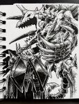  1girl absurdres armor blackwargreymon claws commentary_request crossover digimon digimon_(creature) dress fake_horns helmet highres horned_helmet horns long_hair mechanical_wings monochrome monster open_mouth person_on_hand photo_(medium) ribbon_around_body sharp_teeth shoulder_armor shoulder_spikes skeleton skullgreymon snake spikes suteruko teeth touhou traditional_media wings yuiman_asama 