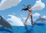 1girl aqua_eyes belly_chain black_hair cloud commentary commentary_request crossed_arms dolphin flip-flops hair_ornament jewelry jumping long_hair midriff nadeara_bukichi on_water pokemon pokemon_(game) pokemon_swsh rooster_tail rurina_(pokemon) sandals short_shorts shorts sketch skimming sky sports_bra spray standing standing_on_liquid water water_surface waterskiing_(meme) 