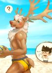  absurd_res antlers ball bandaid_protagonist_(tas) beach beach_ball blush butt capreoline cervid clothing gakugon95 hi_res horn human male male/male mammal muscular muscular_male reindeer seaside speedo swimwear tokyo_afterschool_summoners video_games youl 