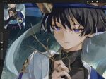  1boy anemo_symbol_(genshin_impact) arm_at_side armor art_program_in_frame belt black_belt black_bodysuit black_bow black_bridal_gauntlets black_hair black_shorts blue_cape blue_gem blue_hat blue_jingasa blue_sleeves blunt_ends bodysuit bow branch bridal_gauntlets bright_pupils cape choppy_bangs closed_mouth colored_inner_hair commentary_request covered_collarbone end_s2 eyeliner feathers gem genshin_impact gold gold_ring grey_hair hakama hakama_shorts half-closed_eyes hand_up hat highres holding holding_branch japanese_armor japanese_clothes jingasa kimono kote kurokote layered_sleeves makeup male_focus mandarin_collar middle_ring multicolored_hair open_clothes open_kimono pom_pom_(clothes) purple_eyes purple_rope purple_sash red_eyeliner rope sash scaramouche_(genshin_impact) short_sleeves shorts shoulder_peek side_cape solo wanderer_(genshin_impact) white_kimono white_pupils white_sleeves white_trim yellow_feathers zoom_layer 
