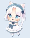  1girl :d animal_ears apron bloomers blue_background blue_bow blue_bowtie blue_dress blue_eyes blue_gem blue_shoes blue_wrist_cuffs border bow bowtie brooch buttons cat_ears cat_girl cat_tail chibi chibi_only collar commentary curtained_hair dress fluffy_hair frilled_apron frilled_collar frilled_wrist_cuffs frills full_body gem hair_bow hands_on_own_cheeks hands_on_own_face hands_up highres holding holding_spoon jewelry kinokomate looking_ahead looking_at_viewer maid_headdress mary_janes multiple_hair_bows open_mouth original pantyhose parted_bangs ribbon_border shoes short_hair sidelocks simple_background smile solo spoon striped_bow tail untranslatable_commentary waist_bow wavy_hair white_apron white_bloomers white_collar white_hair white_pantyhose wrist_cuffs 