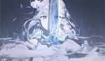  1girl absurdres bare_shoulders chinese_commentary commentary_request crystal_sword elf emilia_(re:zero) flower gloves grey_hair hair_flower hair_ornament hair_ribbon highres holding holding_sword holding_weapon long_hair pointy_ears purple_eyes re:zero_kara_hajimeru_isekai_seikatsu ribbon rose solo sword sword_in_front_of_face weapon white_flower white_gloves white_rose yu-y_(824412) 