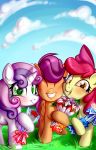  absurd_res accessory apple_bloom_(mlp) blush bouquet cloud cutie_mark_crusaders_(mlp) equid equine flower friendship_is_magic grass group hair_accessory hair_bow hair_ribbon hi_res horn horse mammal my_little_pony plant ribbons rrd scootaloo_(mlp) sky smile sweetie_belle_(mlp) unicorn 