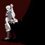  1boy absurdres black_background closed_eyes commentary_request facing_to_the_side fire_emblem fire_emblem_fates full_body fur_trim grey_hair hair_ribbon highres japanese_clothes long_hair male_focus nknaxs ponytail red_background red_ribbon ribbon solo takumi_(fire_emblem) two-tone_background white_fur 