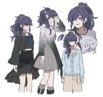  1girl arm_at_side arms_at_sides asahina_mafuyu black_dress black_neckerchief black_sailor_collar black_serafuku black_shirt black_skirt blue_cardigan blue_neckerchief breasts brown_pants brown_scrunchie brown_shirt brown_socks cardigan closed_mouth commentary_request cropped_legs cropped_torso dress empty_eyes expressionless gradient_clothes gradient_dress grey_dress gym_shirt hair_between_eyes hair_ornament hair_over_shoulder hair_scrunchie hashire!_taiikumatsuri!_~jikkou_iin_wa_ooisogashi~_(project_sekai) high_ponytail korean_commentary long_hair long_sleeves looking_at_viewer looking_to_the_side midriff_peek multiple_views name_tag neckerchief pants parted_lips pleated_skirt ponytail project_sekai purple_eyes purple_hair ribbed_socks sailor_collar school_uniform scrunchie serafuku shirt sidelocks simple_background skirt smile socks standing straight-on turning_head two-tone_neckerchief udeudede white_background wide_sleeves 