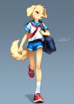  1boy bag belt belt_buckle blue_sailor_collar blue_shorts body_fur brown_belt buckle child commentary dog dog_boy facing_viewer fang furry furry_male golden_retriever grey_background highres holding holding_bag looking_to_the_side male_focus neckerchief netiel open_mouth original petite red_neckerchief red_shoes running sailor sailor_collar school_uniform serafuku shirt shoes short_shorts short_sleeves shorts shoulder_bag signature skinny slim_legs socks tail white_shirt white_socks wind yellow_eyes 