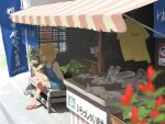  1girl arm_support blonde_hair blurry blurry_foreground bread bread_slice cat chewing commentary_request flip-flops flip_flappers food hair_bobbles hair_ornament holding holding_food no_bra outdoors overalls sandals short_hair sitting solo summer toast translation_request yas66 yayaka 