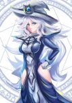  1girl blue_dress blue_eyes breasts closed_mouth clothing_cutout commentary_request dashinoya dress duel_monster gloves grey_hair hair_between_eyes hat highres hip_vent long_hair looking_at_viewer magic_circle medium_breasts silent_magician solo tabard white_gloves white_hat white_tabard wizard_hat yu-gi-oh! 