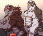  abs accessory anthro biceps brown_fur canid canine canis duo erection fur headband hi_res horkeukamui istani male mammal multicolored_fur muscular muscular_male pecs red_eyes tokyo_afterschool_summoners triceps two_tone_fur video_games volkv_vseslav white_fur wolf yellow_eyes 