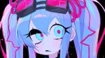  1girl black-framed_eyewear black_background black_eyeshadow black_mouth blue_eyes blue_hair blush close-up colored_skin commentary_request crossed_bangs double-parted_bangs eyes_visible_through_hair eyeshadow fang glowing glowing_eyes goggles goggles_on_head hair_between_eyes hair_ornament half-closed_eye hatsune_miku jigen_tsuushin_(vocaloid) makeup no_eyebrows paid_reward_available parted_lips pink-tinted_eyewear pink_pupils portrait rectangular_eyewear sidelocks simple_background solo tareme tearing_up tinted_eyewear transmission_tower twintails uneven_eyes usa37107692 vocaloid white_skin wide-eyed 