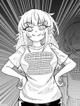  2girls :| artist_name breasts closed_mouth commentary elise_(nhim) emphasis_lines english_commentary expressionless failure fang greyscale hands_on_own_hips highres illusion_grid_t-shirt large_breasts long_hair looking_at_viewer mimi_(nhim) monochrome multiple_girls nhim no_eyes original raised_eyebrow ringed_eyes screentones shaded_face short_sleeves skin_fang smile solo_focus standing twitter_username 
