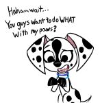  101_dalmatian_street 101_dalmatians 2019 canid canine canis collar dalmatian dee_dee_(101_dalmatians) dialogue disney domestic_dog female mammal open_mouth paws simple_background sketch solo spots talking_to_viewer text whitewolf20xx 