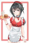  1girl absurdres ahoge alternate_costume apron arknights beret bird_girl black_eyes black_hair breasts burger cleavage commentary_request cup detached_collar disposable_cup drinking_straw feather_hair food french_fries hair_intakes hair_ornament hairclip hat highres holding holding_tray k@bu la_pluma_(arknights) looking_at_viewer miniskirt puffy_short_sleeves puffy_sleeves red_hat red_shirt red_skirt shirt short_hair short_sleeves skirt small_breasts solo striped_wristband tray waitress white_apron white_background wristband 