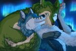  2019 4_toes alternate_version_at_source aurora_borealis black_nose blue_fur borophagine canid canine canis detailed_background digital_media_(artwork) duo epicyon female feral fur green_eyes green_fur greeny_(odisaodi) hi_res jay-kuro lying male mammal milly_(millcore) multicolored_fur night on_back open_mouth outside pawpads pink_pawpads smaller_version_at_source smile teeth three_tone_fur toes two_tone_fur white_fur wolf 
