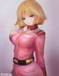  1girl artist_name belt black_belt blonde_hair blue_eyes breasts collared_jacket cowboy_shot earth_federation gundam jacket long_sleeves looking_at_viewer medium_breasts military military_uniform mobile_suit_gundam pink_jacket sayla_mass simple_background smile solo suterisu 