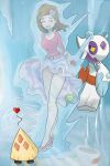  absurdres aroma_lady_(pokemon) aroused_nosebleed bare_legs belt blood blush breasts brown_hair budew clenched_teeth closed_eyes commentary english_commentary floating_hair flower froslass frozen hair_flower hair_ornament heart highres icicle implied_pantyshot long_skirt medium_breasts nose_blush nosebleed pink_shirt pink_shoes poke_ball pokemon pokemon_(creature) purple_belt reflective_floor shirt shoes skirt snorunt sparkle spoken_heart striped_clothes striped_skirt teeth wind wind_lift 