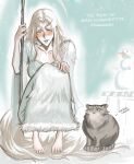  1girl animal aqua_background barefoot blush commentary curtained_hair dark_souls_(series) dark_souls_i dragon_girl dress english_commentary english_text fur_trim giant giantess hair_intakes highres monster_girl outdoors pallas's_cat priscilla_the_crossbreed ragecndy scythe slit_pupils smile snow snowman solo squatting twitter_username yellow_eyes 