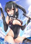  1girl absurdres azur_lane bangs bare_shoulders black_gloves black_hair black_legwear black_nails black_swimsuit blush breasts breasts_apart bridal_gauntlets covered_navel earrings elbow_gloves eyebrows_visible_through_hair eyes_visible_through_hair gloves groin hair_between_eyes highres holding holding_torpedo iron_cross jewelry lips long_hair looking_at_viewer medium_breasts multicolored_hair one_side_up open_mouth outdoors red_eyes sexually_suggestive sidelocks smile solo streaked_hair swimsuit taitai thighhighs torpedo u-47_(azur_lane) white_hair 